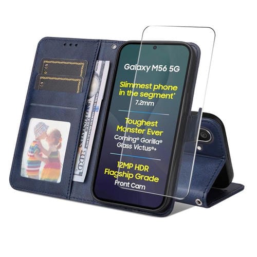 ENKAY - Funda de piel de becerro con textura de becerro y protector de pantalla para Samsung Galaxy M56 (azul)