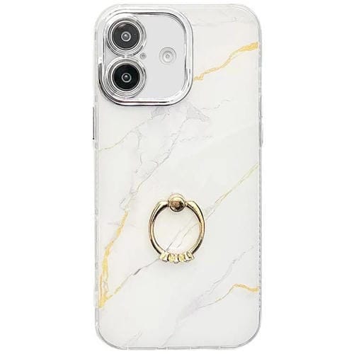 Funda para Teléfono iPhone 16 Soporte Anillo Mármol Galvanizado (Dorado y Blanco)