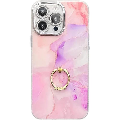 Funda para Teléfono iPhone 15 Pro con Soporte de Anillo Textura Mármol Galvanizado (Rosa, Morado)