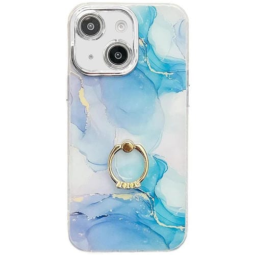 Funda para Teléfono iPhone 14 Soporte de Anillo Textura Mármol Galvanizado (Azul y Verde)