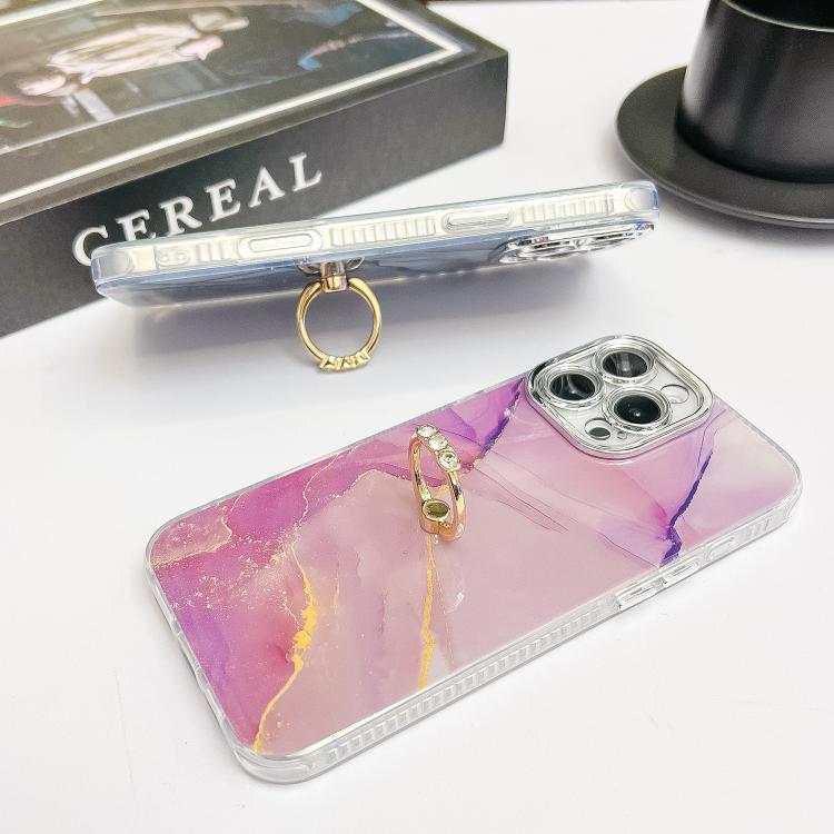 Funda para Teléfono iPhone 14 con Soporte de Anillo Textura Mármol Galvanizado (Dorado, Morado, Rojo)