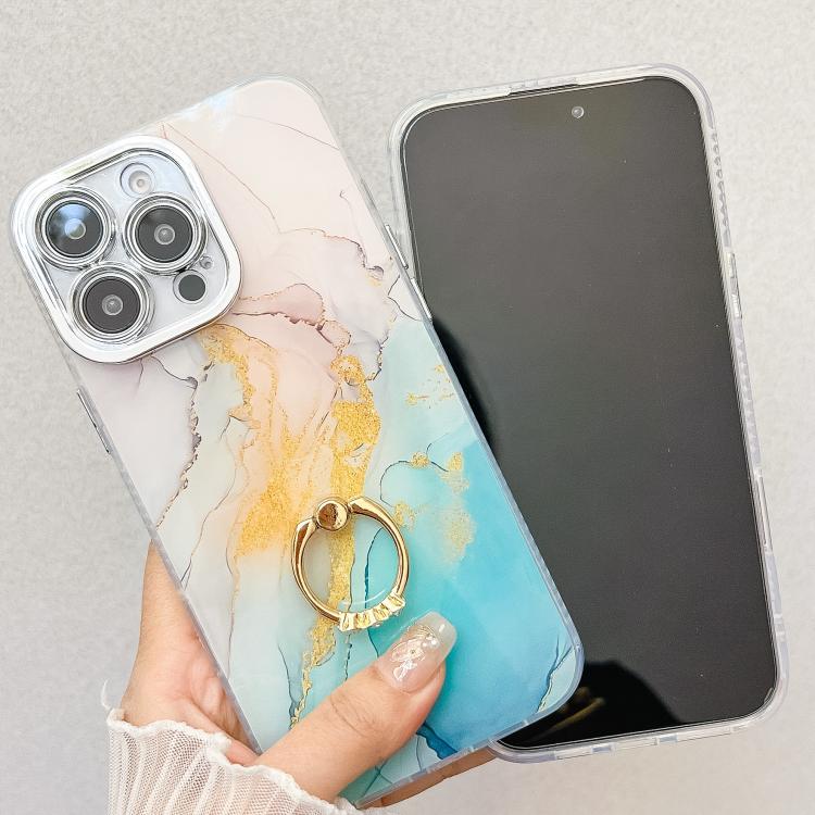 Funda para Teléfono iPhone 14 con Soporte de Anillo Textura Mármol Galvanizado (Dorado, Morado, Rojo)