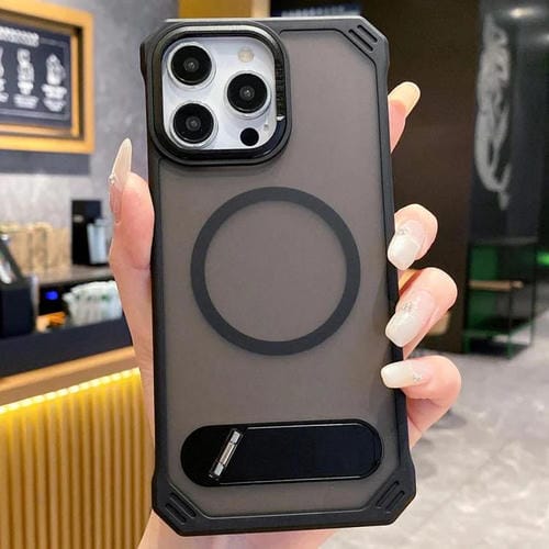 Funda para Teléfono PC Magsafe sin Marco Tacto de Piel Soporte Plegable para iPhone 15 Pro (Negro)