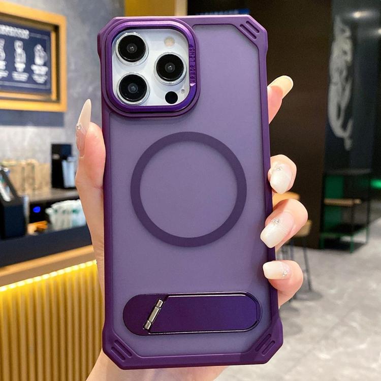 Funda para Teléfono PC Magsafe sin Marco con Tacto de Piel y Soporte Plegable para iPhone 16 Pro Max (Morado)