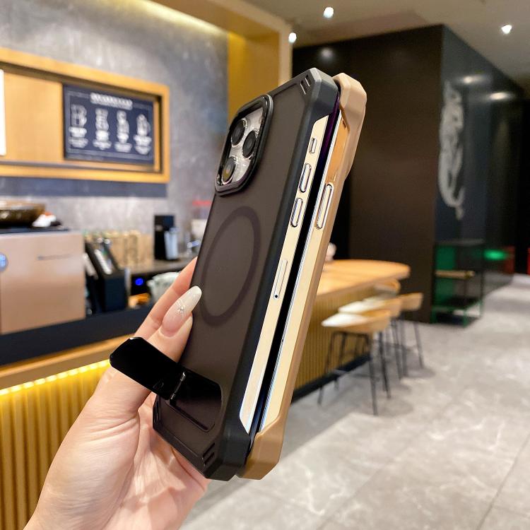 Funda para teléfono PC Magsafe sin marco con tacto de piel y soporte plegable para iPhone 14 (Dorado del Desierto)