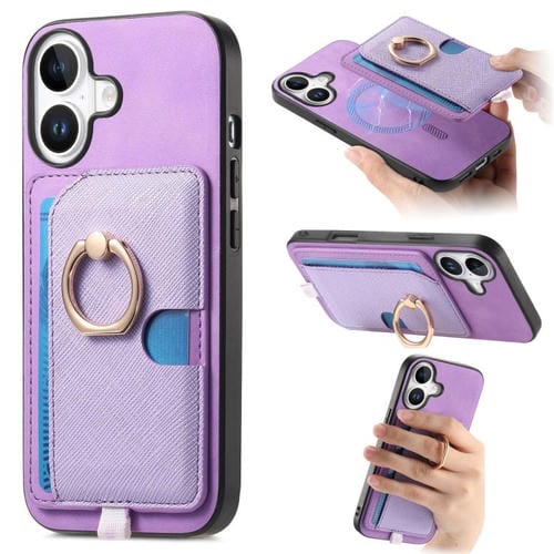 Funda para iPhone 16 con Ranuras para Tarjetas Diseño Retro Cruz Anillo Lateral (Morado)