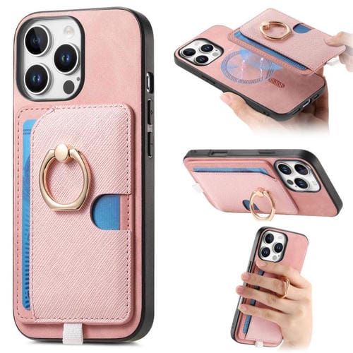 Funda para Teléfono Magsafe iPhone 14 Ranuras Tarjetas Anillo Lateral Cuero Cruz Retro (Rosa)