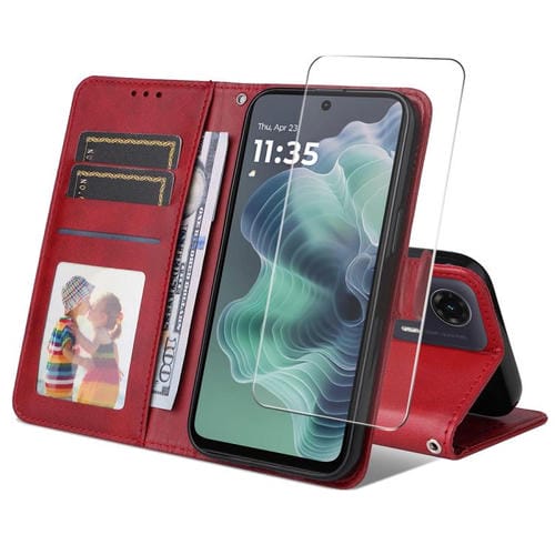 Funda para Teléfono Enkay con Textura de Piel de Becerro y Tarjetero para Motorola Moto G35 (Rojo)