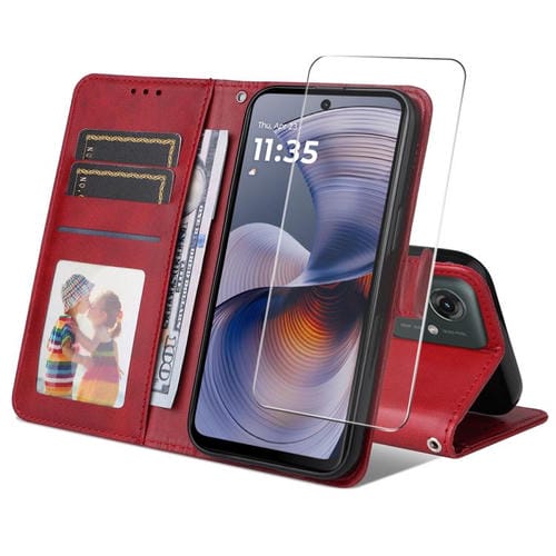 Funda para Teléfono Enkay con Textura de Piel de Becerro y Tarjetero para Motorola Moto G55 (Rojo)