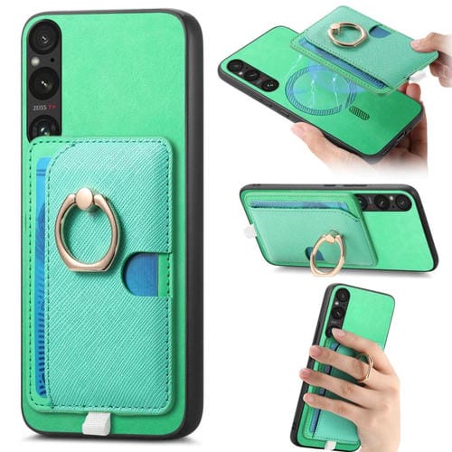 Estuche para Teléfono Sony Xperia 1 Vi con Ranuras para Tarjetas y Anillo Lateral (Verde)