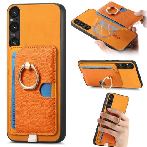 Estuche para Teléfono Sony Xperia 1 V con Ranuras para Tarjetas y Anillo Lateral (Amarillo)