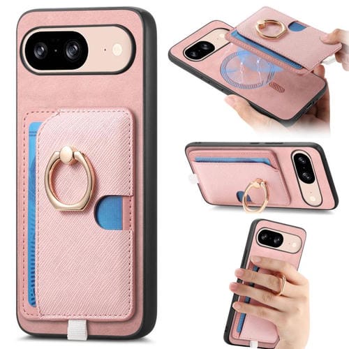 Funda para Google Pixel 8 con Ranuras para Tarjetas, Diseño Retro Cruz de Cuero y Anillo Lateral (Rosa)
