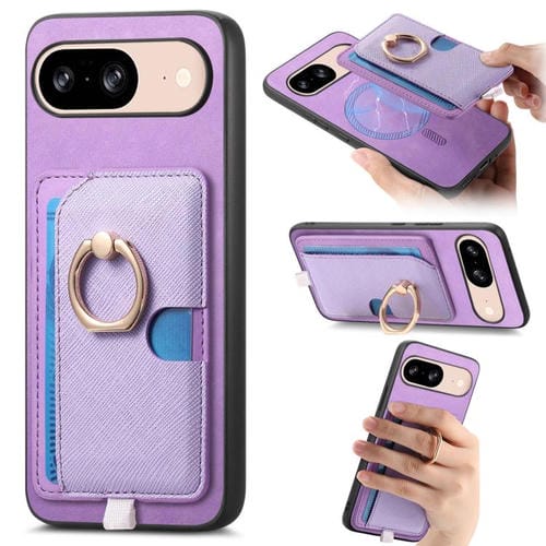 Funda para Google Pixel 8 con Ranuras para Tarjetas, Diseño Retro Cruz de Cuero y Anillo Lateral (Morado)