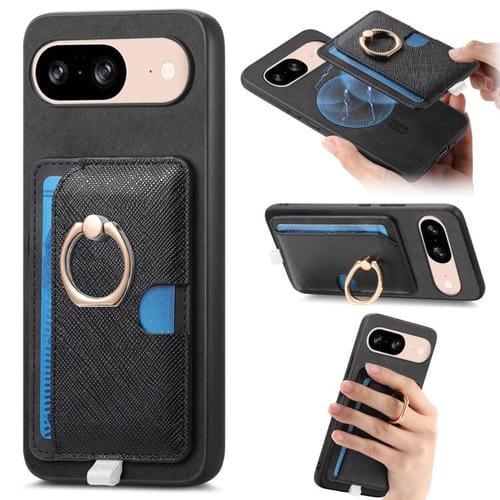 Funda para Teléfono Google Pixel 8 con Ranuras para Tarjetas, Diseño Retro Cruz de Cuero y Anillo Lateral (Negro)