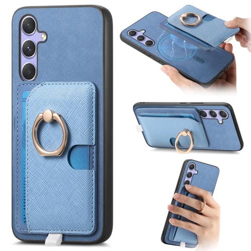 Funda para Teléfono Samsung Galaxy A25 Ranuras Tarjetas Anillo Cuero (Azul)
