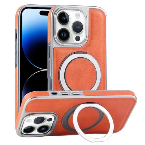 Funda para teléfono con soporte Magsafe giratorio de cuero granulado para iPhone 14 Pro Max (Naranja)