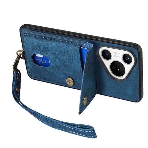 Funda plegable de cuero con correa para Huawei Pura 70, estilo retro, con tarjetero (azul)