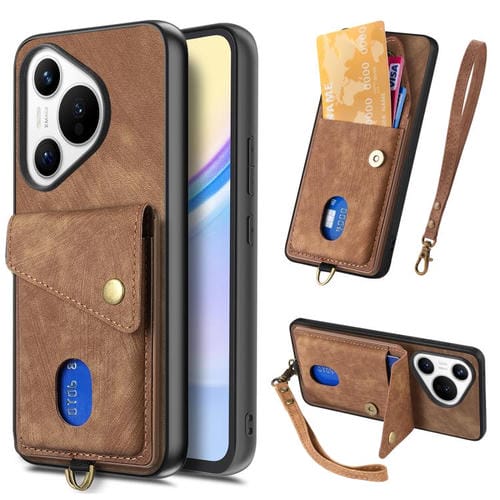 Funda plegable de cuero con correa para Huawei Pura 70, estilo retro, con tarjetero (marrón)