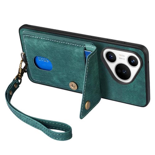 Funda plegable de cuero con correa para Huawei Pura 70, estilo retro, con tarjetero (verde)