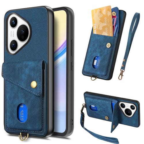 Funda plegable de cuero con correa para Huawei Pura 70 Ultra, estilo retro, con tarjetero (azul)