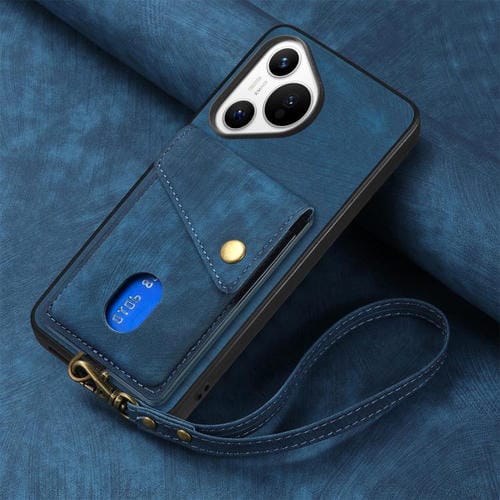 Funda plegable de cuero con correa para Huawei Pura 70 Ultra, estilo retro, con tarjetero (azul)
