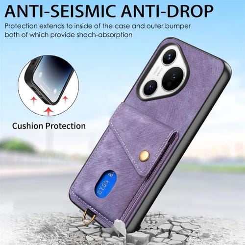 Funda de cuero plegable con correa para Huawei Pura 70 Ultra, estilo retro, con tarjetero (morado)