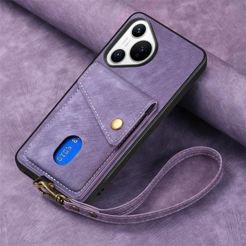 Funda de cuero plegable con correa para Huawei Pura 70 Ultra, estilo retro, con tarjetero (morado)