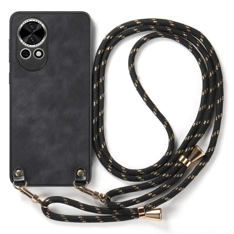 Funda de Cuero Vintage para Huawei Nova 10 Se con Parte Trasera de Policarbonato y Correa Cruzada (Negra)