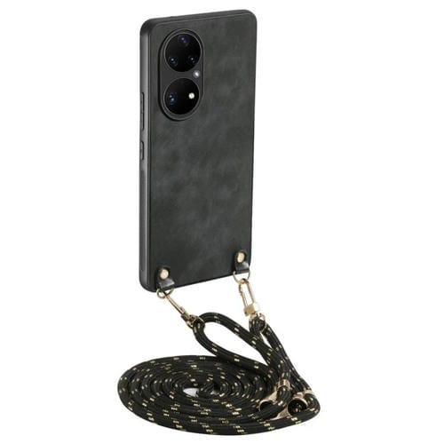 Funda de Cuero Vintage para Huawei P50 Pro con Parte Trasera de Policarbonato y Correa Cruzada (Negra)