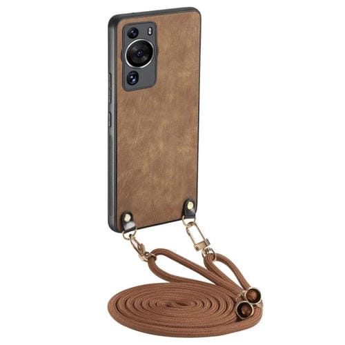Funda de Cuero Vintage para Huawei P60 con Parte Trasera de Policarbonato y Correa Cruzada (Marrón)