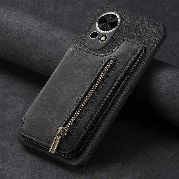 Funda de Cuero Retro con Cremallera para Huawei Nova 12 Pro (Negra)