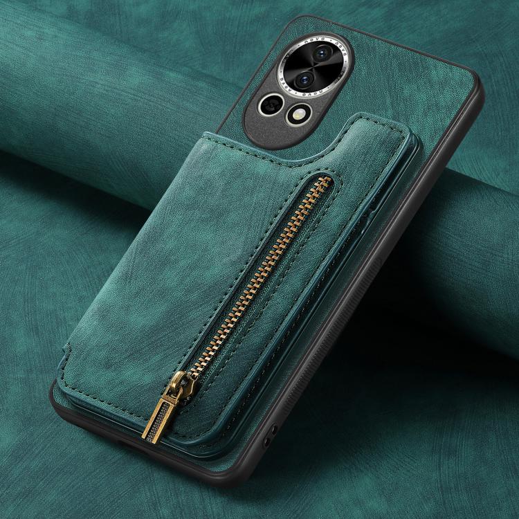 Funda de Cuero Retro con Cremallera para Huawei Nova 11 Pro (Verde)