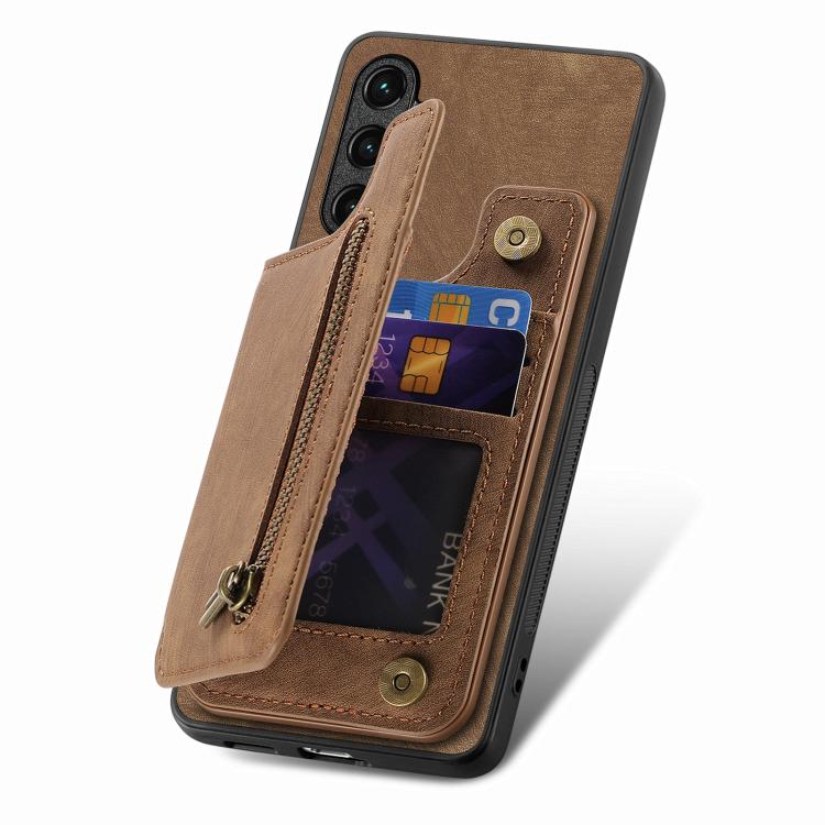 Funda de Cuero Retro con Cremallera para Huawei P60 Pro (Marrón)