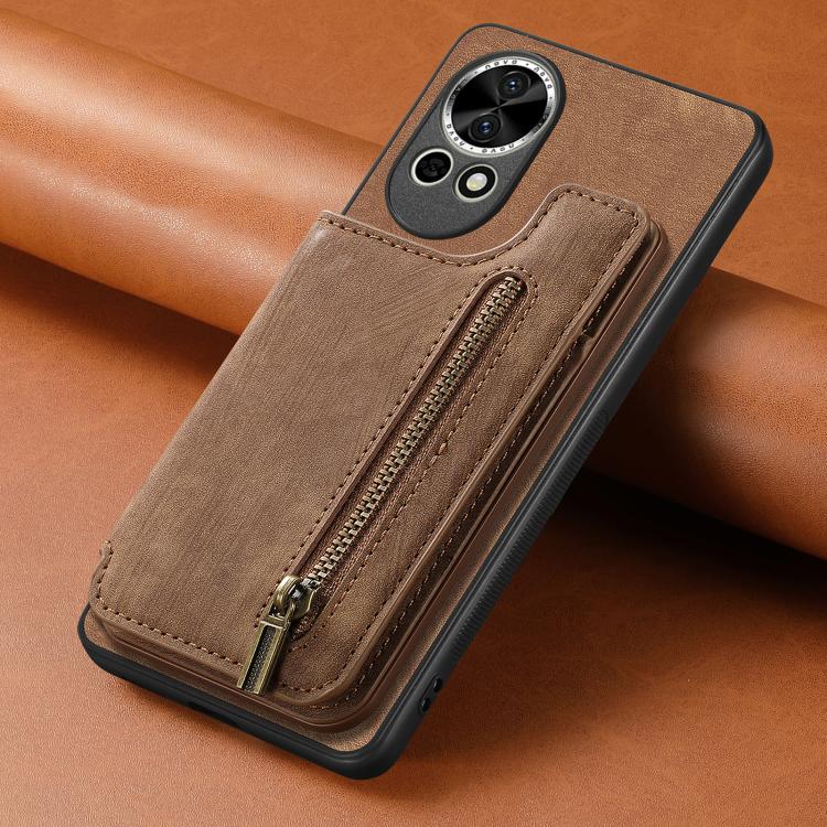 Funda de Cuero Retro con Cremallera para Huawei P60 Pro (Marrón)