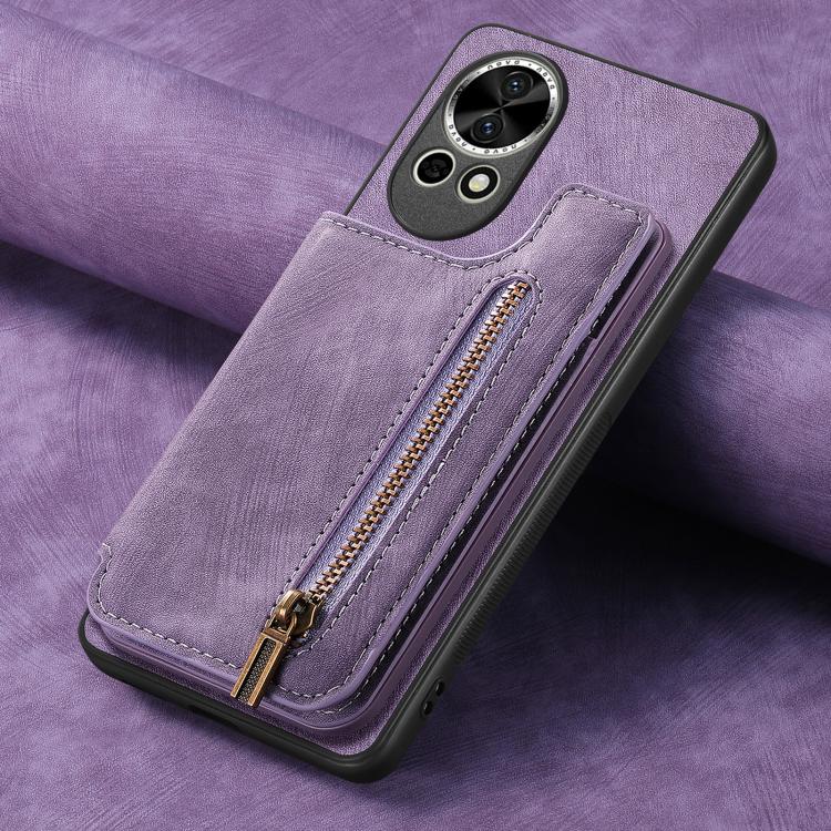 Funda de Cuero Retro con Cremallera para Huawei Nova 9 Se (Morado)
