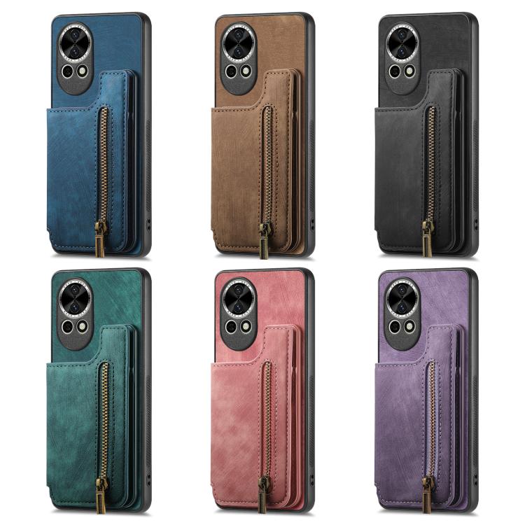 Funda de Cuero Retro con Cremallera para Huawei Nova 9 Se (Morado)