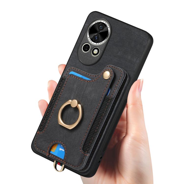 Funda para Teléfono Huawei Nova 10 Pro con Billetera MultiTarjeta, Diseño Retro, Sensación de Piel y Anillo (Negra)