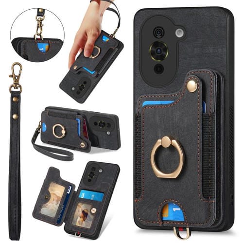 Funda para teléfono Huawei Nova 10 con billetera multitargeta, diseño retro, piel y anillo (Negra)