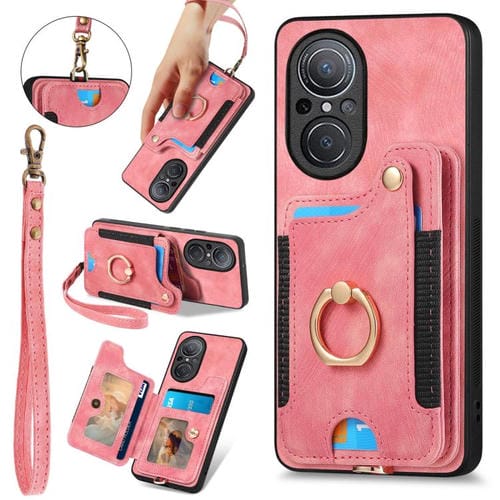 Funda para Teléfono Huawei Nova 9 Se con Billetera MultiTarjeta Diseño Retro Piel Sintética y Anillo (Rosa)