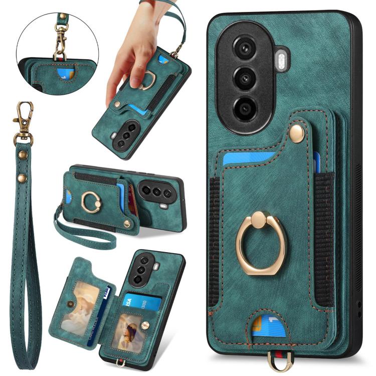 Funda para Teléfono Huawei Nova Y70/Y70+ con Billetera MultiTarjeta, Anillo y Tacto de Piel (Verde)