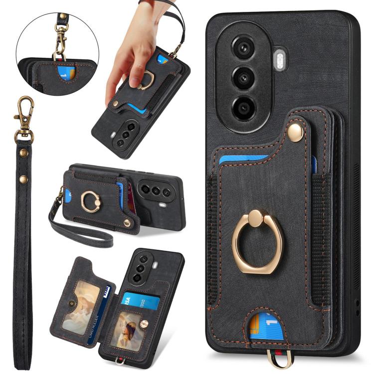 Funda para Teléfono Huawei Nova Y70/Y70+ con Billetera MultiTarjeta, Diseño Retro, Anillo y Tacto de Piel (Negra)