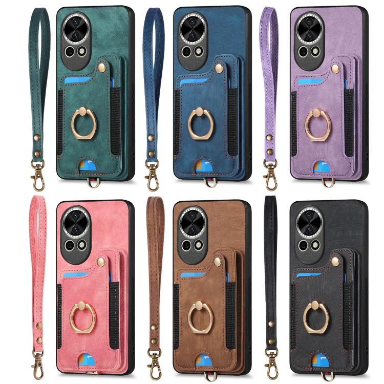 Funda para Teléfono Huawei P50 Pro con Billetera MultiTarjeta, Diseño Retro, Piel Sintética y Anillo (Morado)