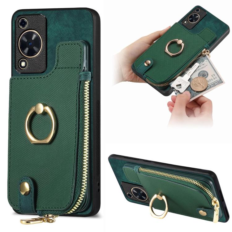 Funda para Teléfono Huawei Enjoy 70 con Cremallera Vertical y Anillo de Cuero Cruzado (Verde)
