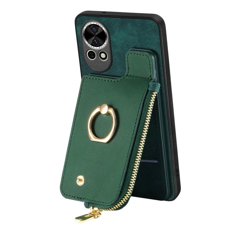 Funda para Teléfono Huawei Enjoy 70 con Cremallera Vertical y Anillo de Cuero Cruzado (Verde)
