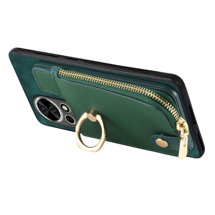 Funda para Teléfono Huawei Enjoy 70 con Cremallera Vertical y Anillo de Cuero Cruzado (Verde)