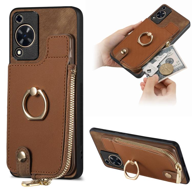 Funda para Teléfono Huawei Enjoy 70 con Cremallera Vertical y Anillo de Cuero Cruzado (Marrón)