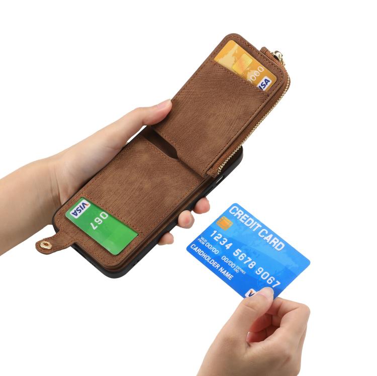 Funda para Teléfono Huawei Enjoy 70 con Cremallera Vertical y Anillo de Cuero Cruzado (Marrón)