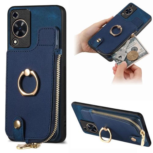 Funda para Teléfono Huawei Enjoy 70 con Cremallera Vertical y Anillo de Cuero Cruzado (Azul)