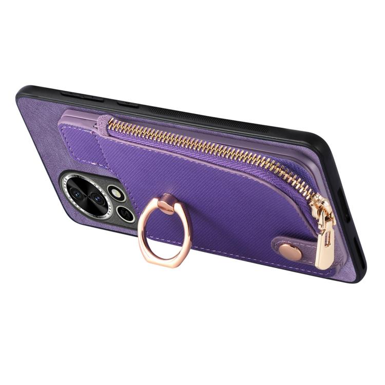 Funda para Teléfono Huawei Nova 12 Pro con Cremallera Vertical y Anillo de Cuero Cruzado (Morado)