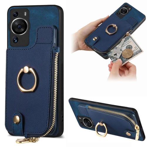 Funda para Teléfono Huawei P60 con Cremallera Vertical y Anillo de Cuero Cruzado (Azul)